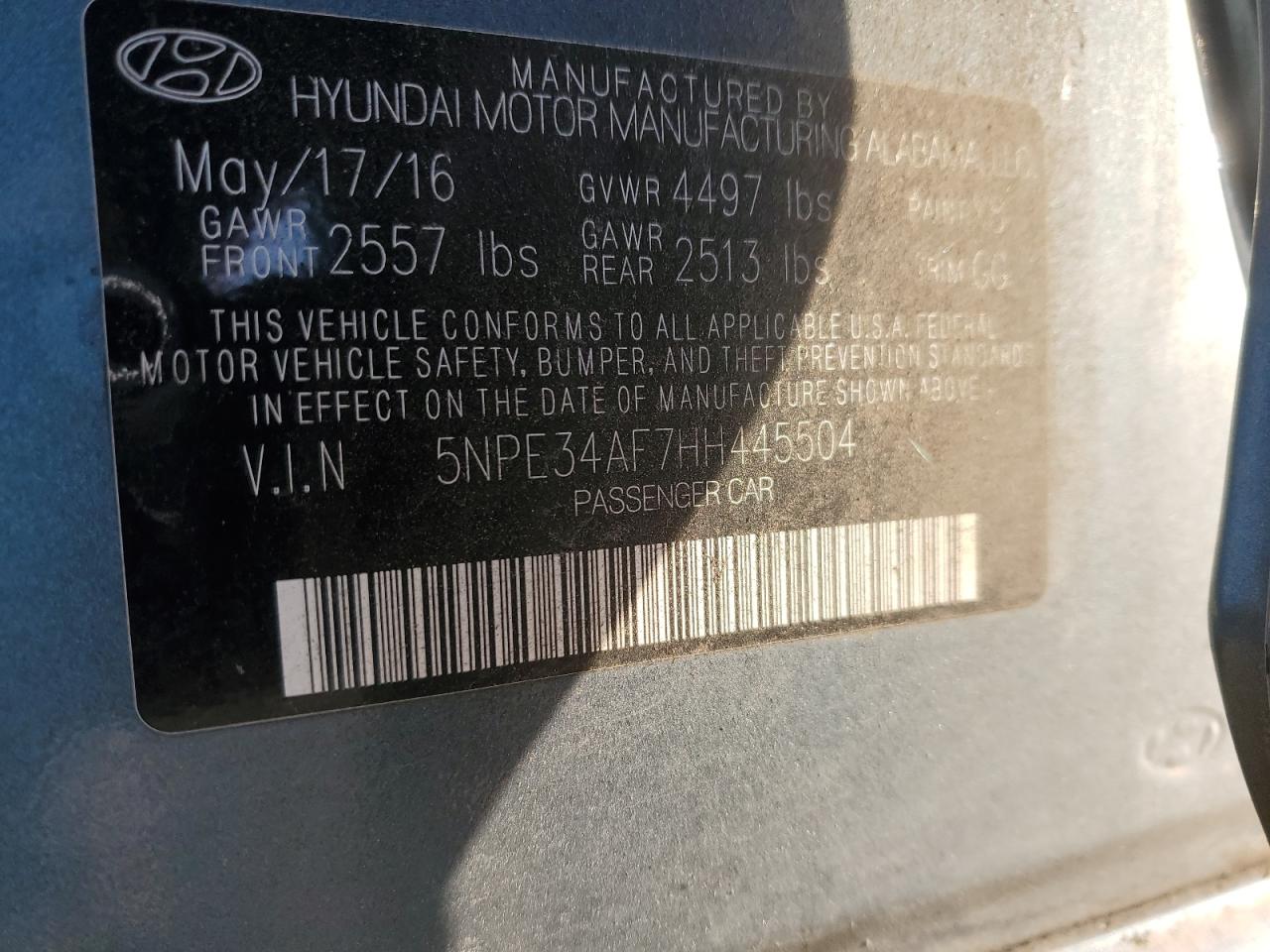 2017 Hyundai Sonata VIN 5NPE34AF7HH445504 Copart auction photo, front end / side damage thumbnail 13