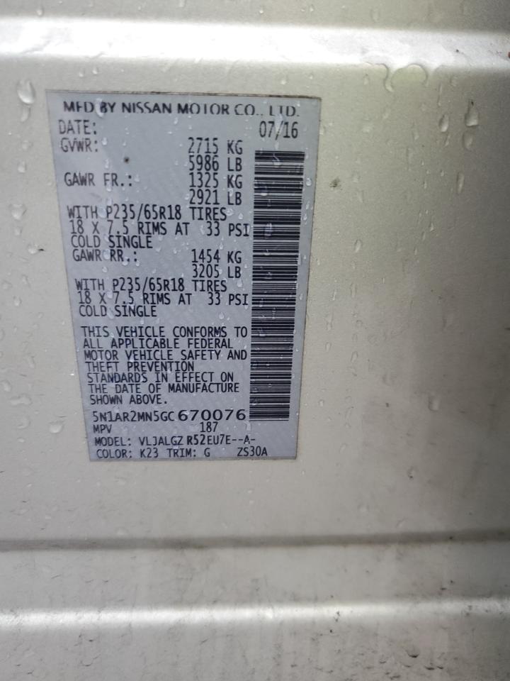 2016 Nissan Pathfinder VIN 5N1AR2MN5GC670076 Copart auction photo, all over damage thumbnail 13