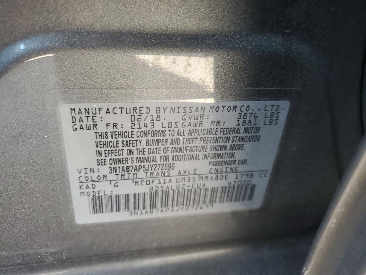 2018 Nissan Sentra VIN 3N1AB7AP5JY272699 Copart auction photo, rear end damage thumbnail 12