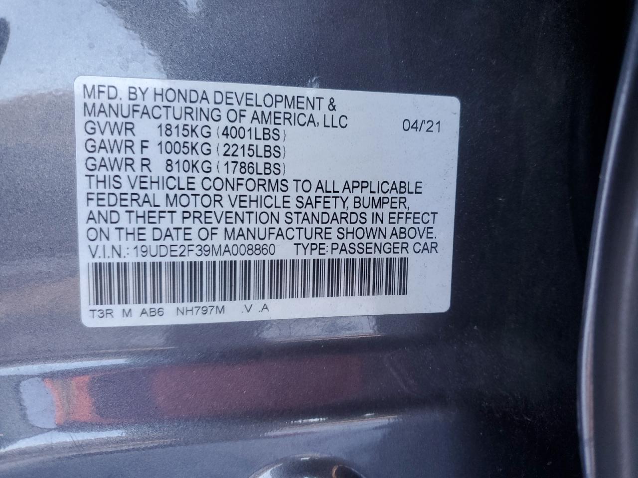 2021 Acura ILX VIN 19UDE2F39MA008860 Copart auction photo, front end / rear end damage thumbnail 12