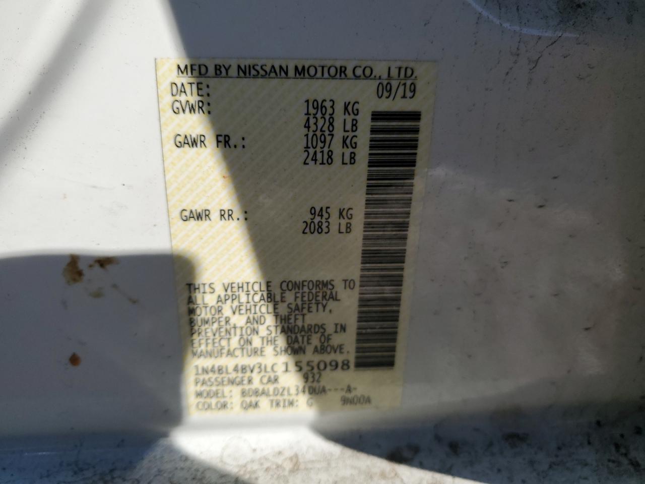2020 Nissan Altima VIN 1N4BL4BV3LC155098 Copart auction photo, rollover / minor dent/scratches damage thumbnail 13