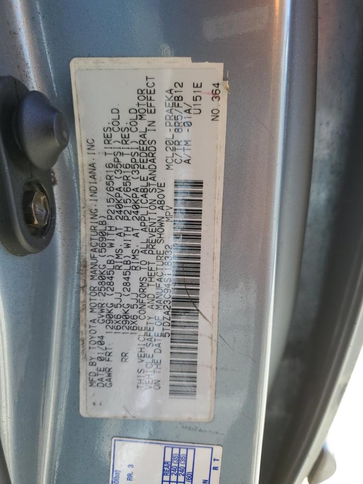 2004 Toyota Sienna VIN 5TDZA23C94S118332 Copart auction photo, all over damage thumbnail 13