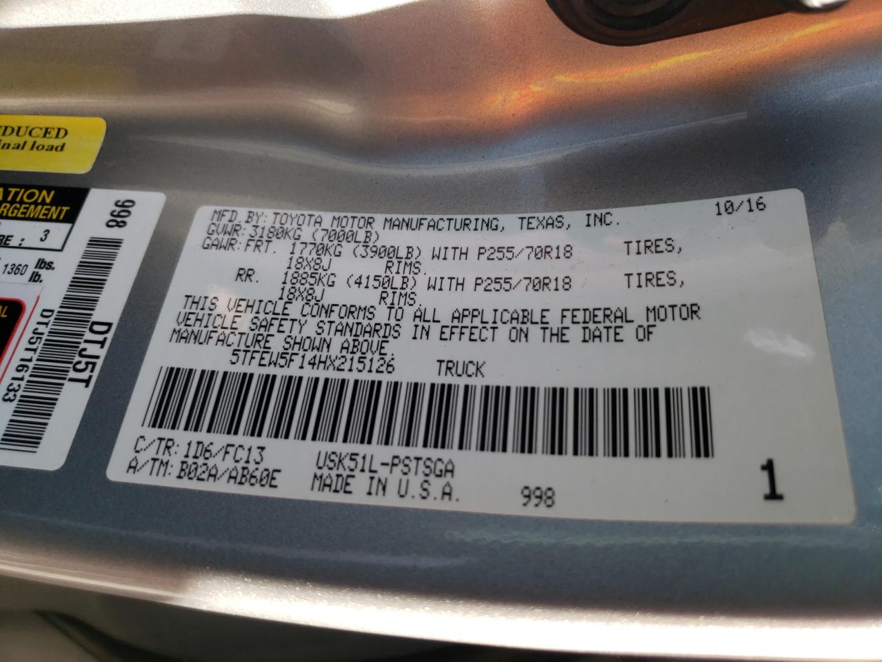 2017 Toyota Tundra VIN 5TFEW5F14HX215126 Copart auction photo, front end damage thumbnail 12