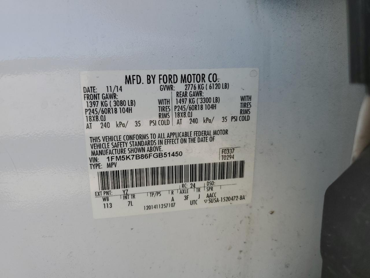 2015 Ford Explorer VIN 1FM5K7B86FGB51450 Copart auction photo, front end damage thumbnail 13