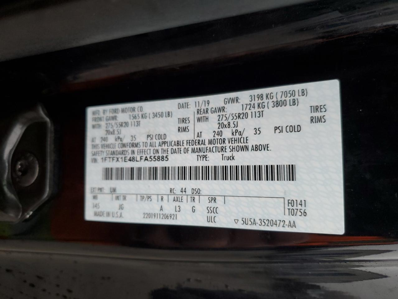 2020 Ford F-150 VIN 1FTFX1E48LFA55885 Copart auction photo, front end damage thumbnail 12