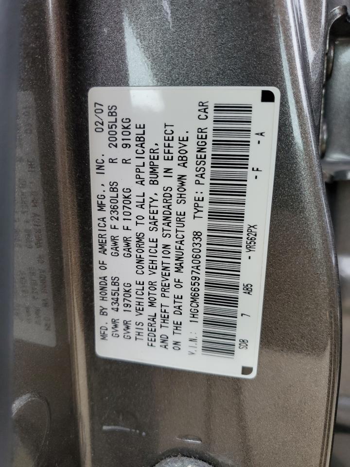 2007 Honda Accord VIN 1HGCM66597A060338 Copart auction photo, front end / minor dent/scratches damage thumbnail 12
