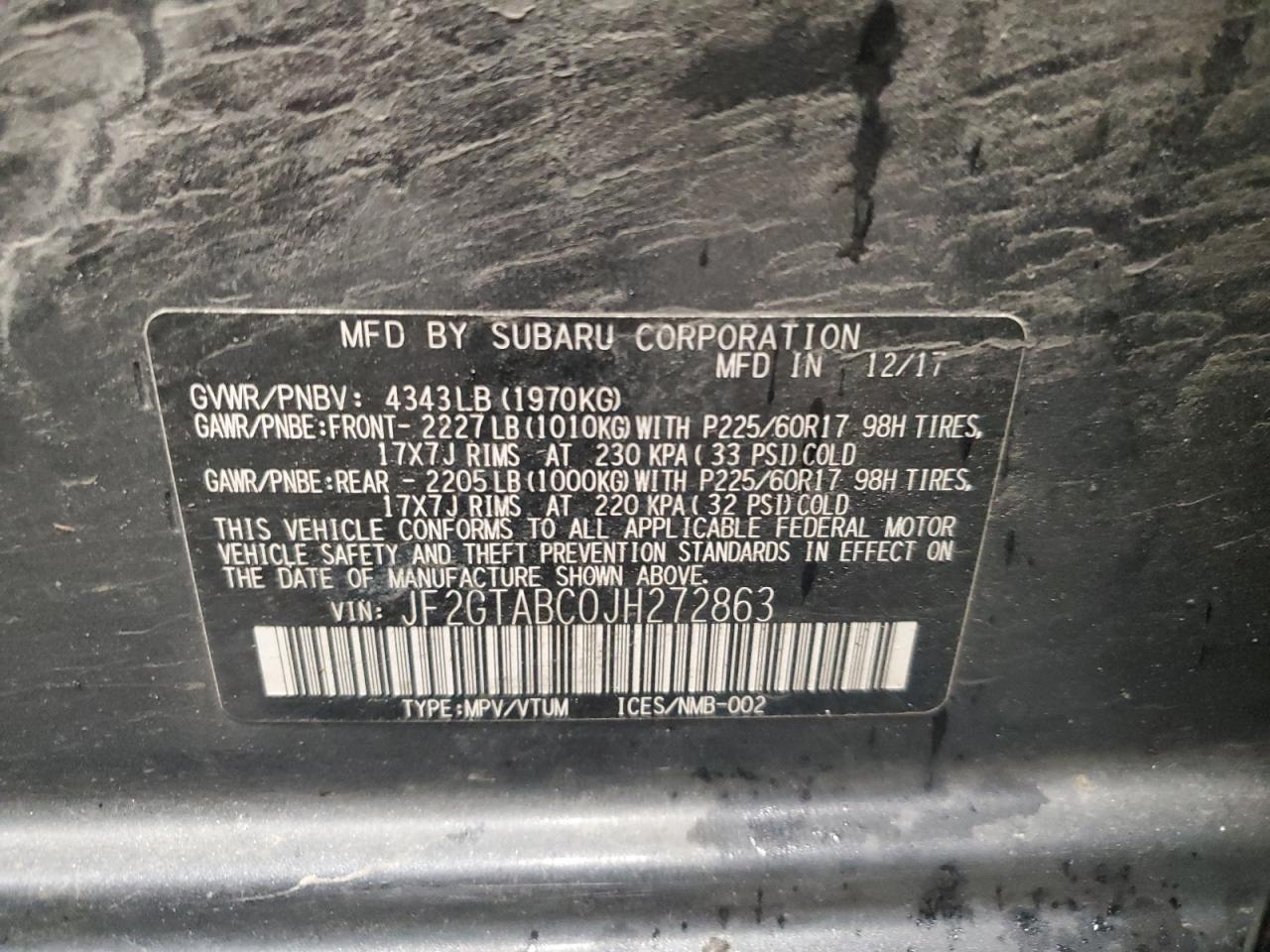 2018 Subaru XV VIN JF2GTABC0JH272863 Copart auction photo, side damage thumbnail 13