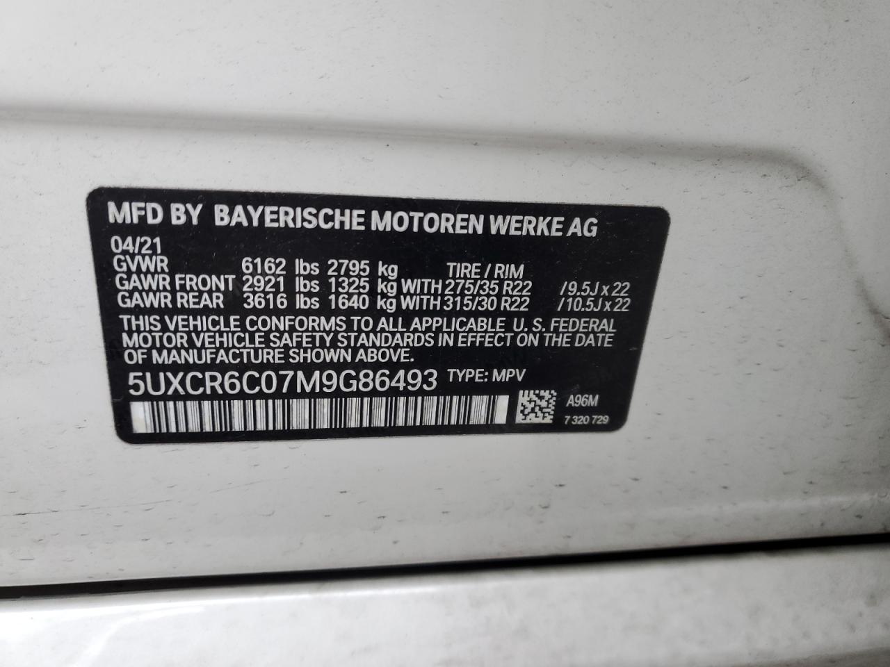 2021 BMW X5 VIN 5UXCR6C07M9G86493 Copart auction photo, side / minor dent/scratches damage thumbnail 13