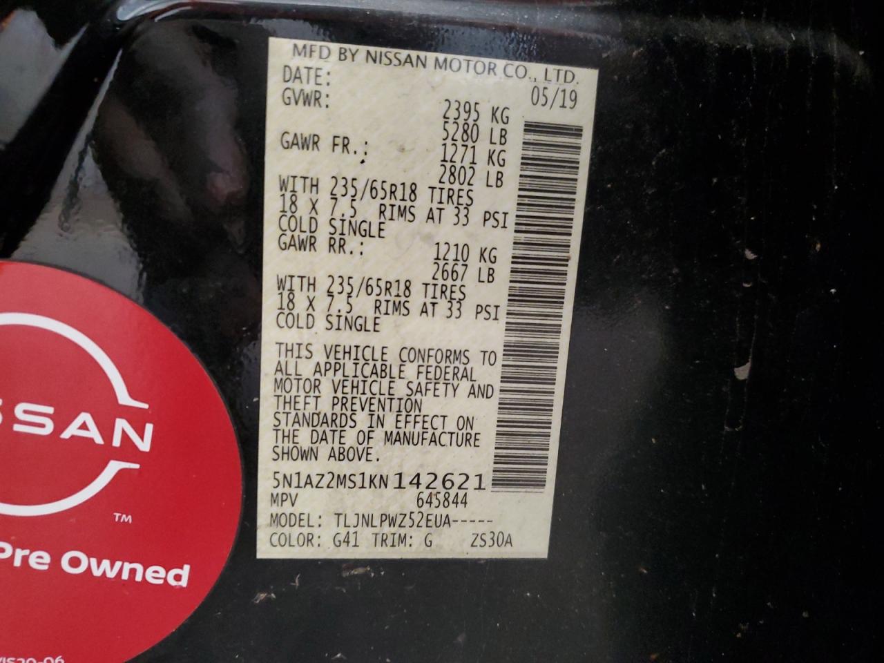 2019 Nissan Murano VIN 5N1AZ2MS1KN142621 Copart auction photo, front end damage thumbnail 13