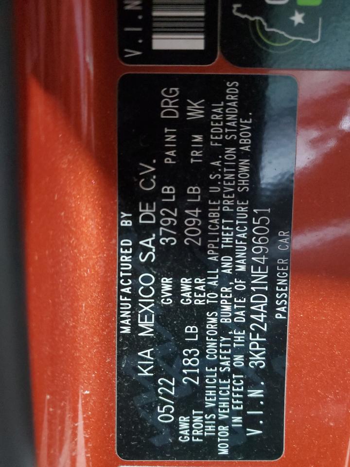 2022 KIA Forte VIN 3KPF24AD1NE496051 Copart auction photo, side damage thumbnail 14