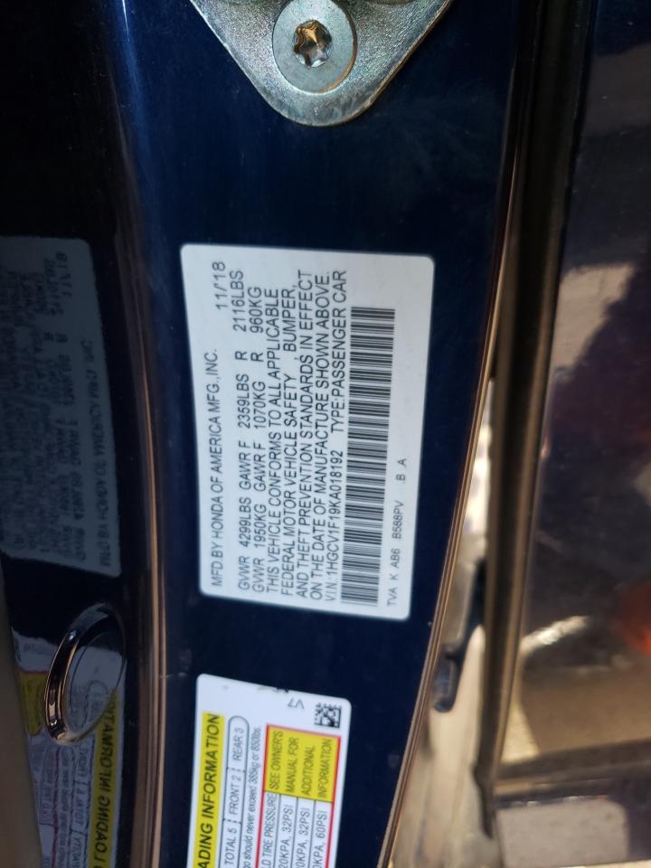2019 Honda Accord VIN 1HGCV1F19KA018192 Copart auction photo, front end damage thumbnail 14