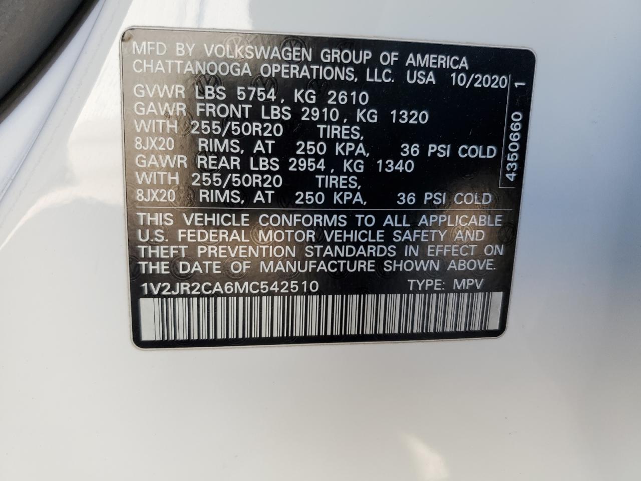 2021 Volkswagen Atlas VIN 1V2JR2CA6MC542510 Copart auction photo, rear end damage thumbnail 14