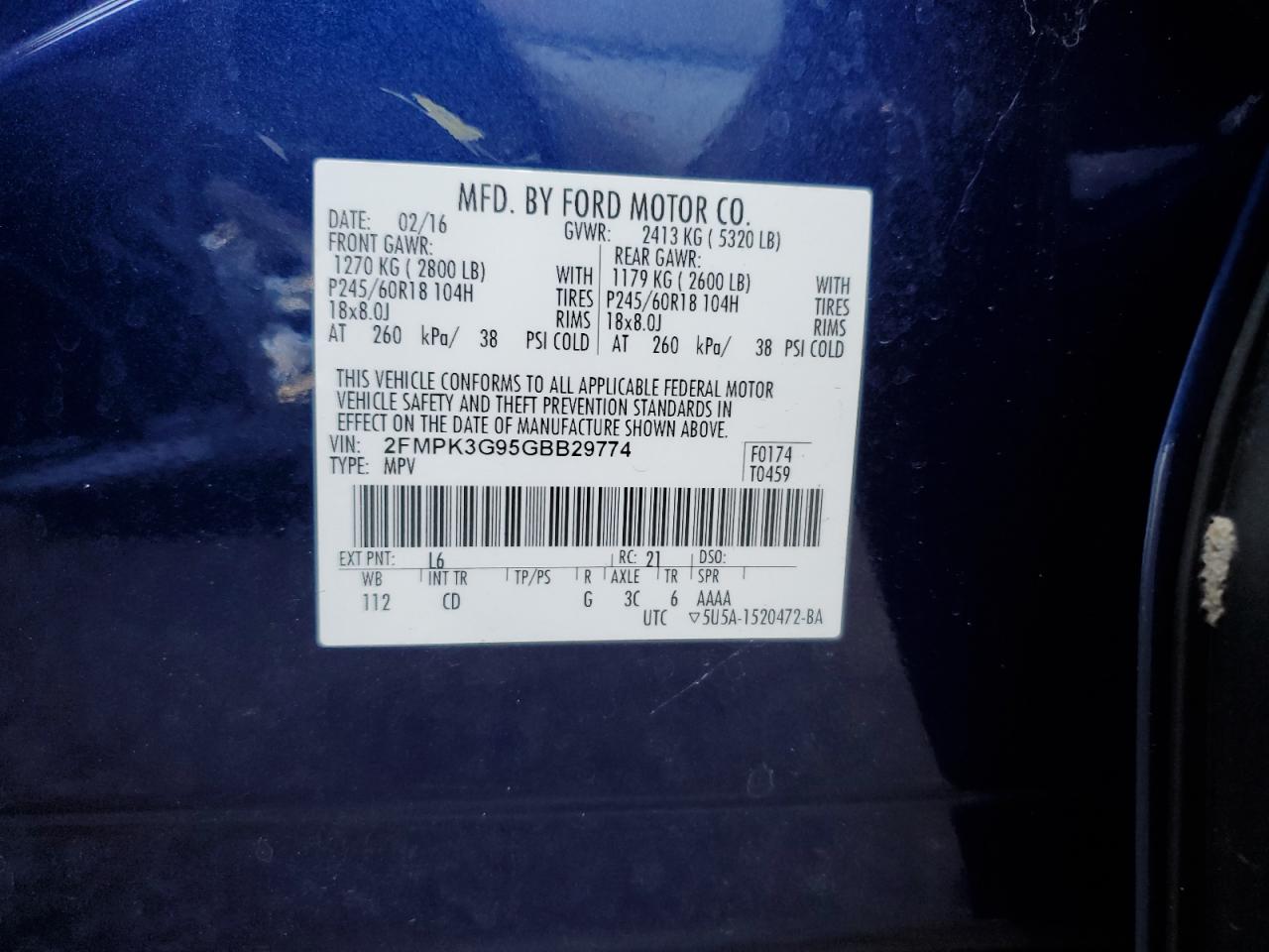 2016 Ford Edge VIN 2FMPK3G95GBB29774 Copart auction photo, front end / side damage thumbnail 14