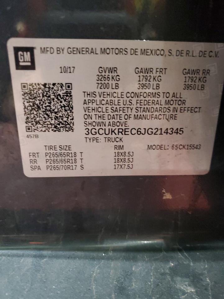 2018 Chevrolet Silverado VIN 3GCUKREC6JG214345 Copart auction photo, front end / side damage thumbnail 12