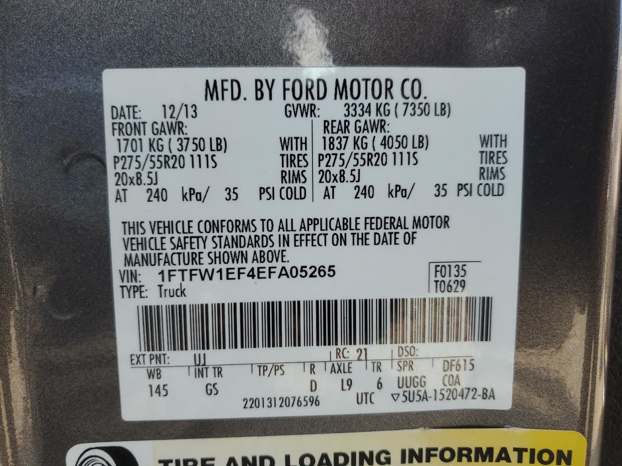 2014 Ford F-150 VIN 1FTFW1EF4EFA05265 Copart auction photo, top/roof damage thumbnail 12