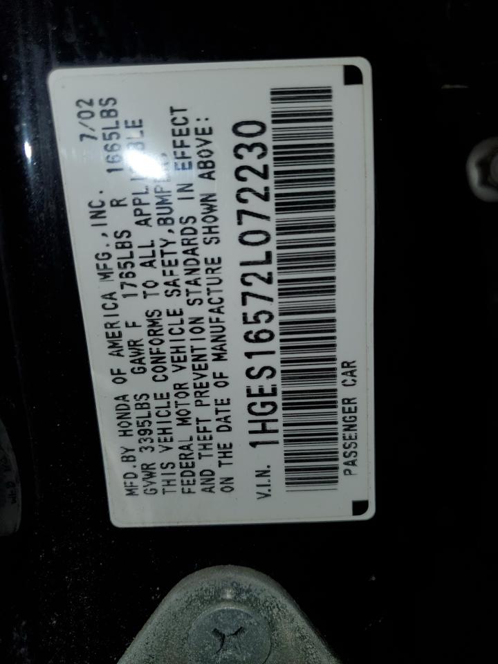 2002 Honda Civic VIN 1HGES16572L072230 Copart auction photo, side damage thumbnail 12