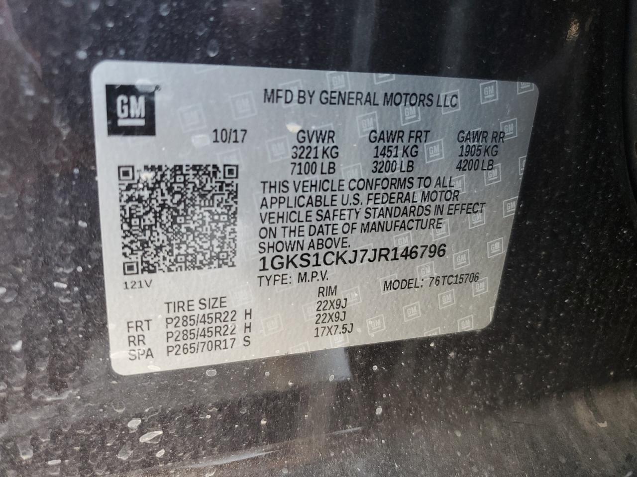 2018 GMC Yukon VIN 1GKS1CKJ7JR146796 Copart auction photo, front end damage thumbnail 15
