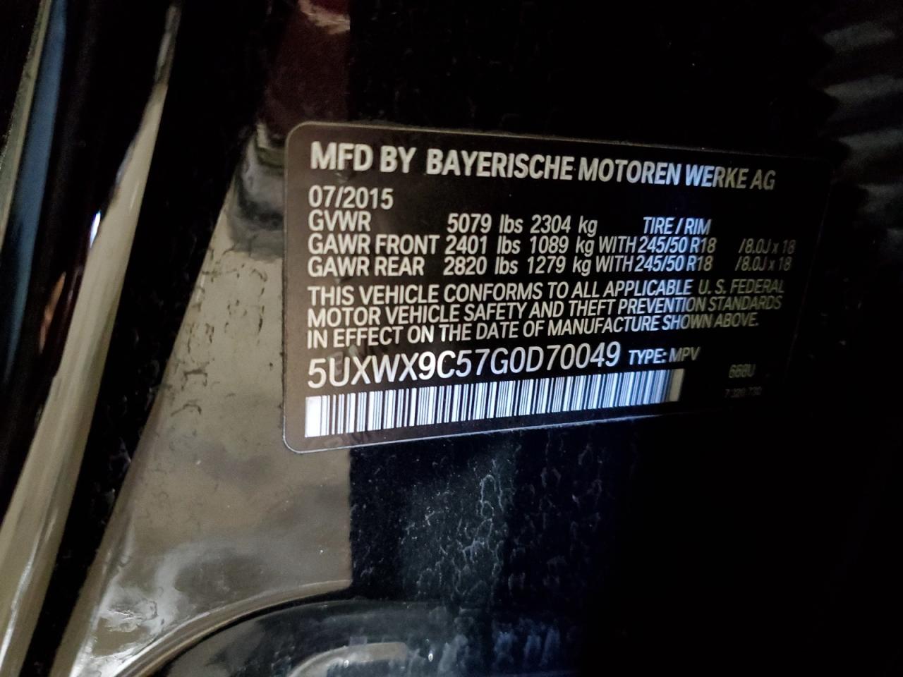 2016 BMW X3 VIN 5UXWX9C57G0D70049 Copart auction photo, front end damage thumbnail 13
