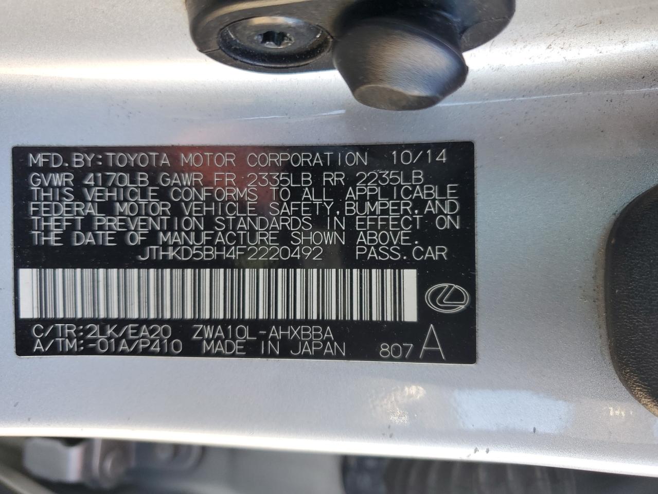 2015 Lexus CT VIN JTHKD5BH4F2220492 Copart auction photo, front end / minor dent/scratches damage thumbnail 14