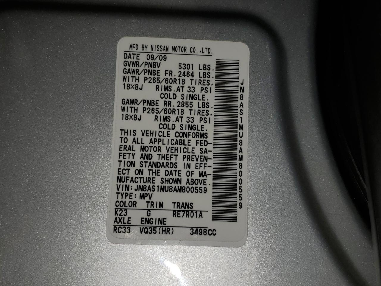 2010 Infiniti FX VIN JN8AS1MU8AM800559 Copart auction photo, front end / side damage thumbnail 13