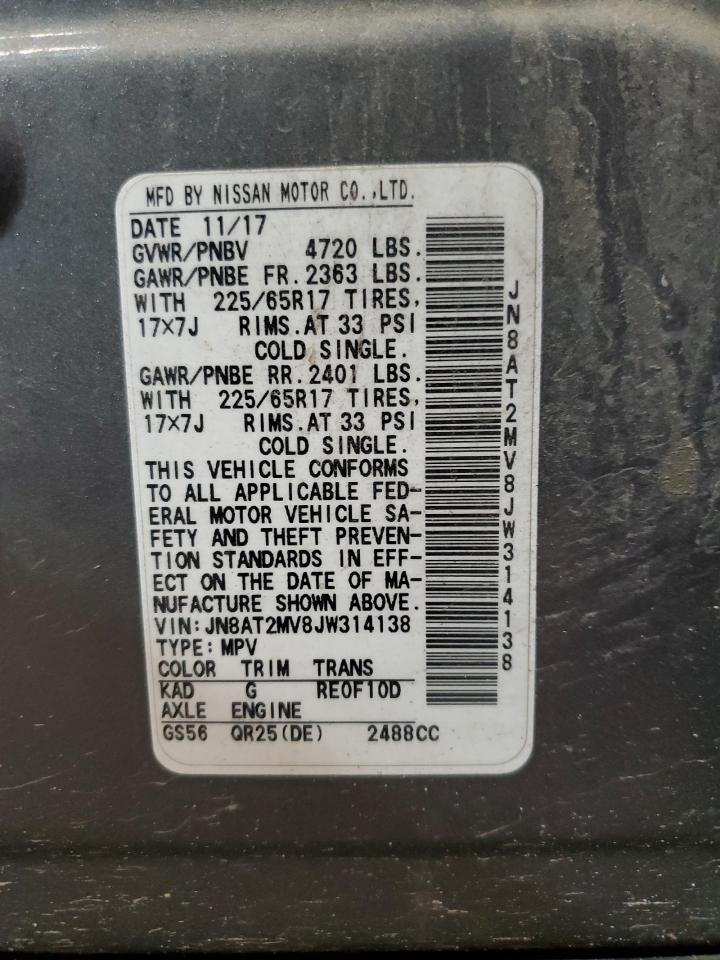 2018 Nissan Rogue VIN JN8AT2MV8JW314138 Copart auction photo, front end / minor dent/scratches damage thumbnail 16