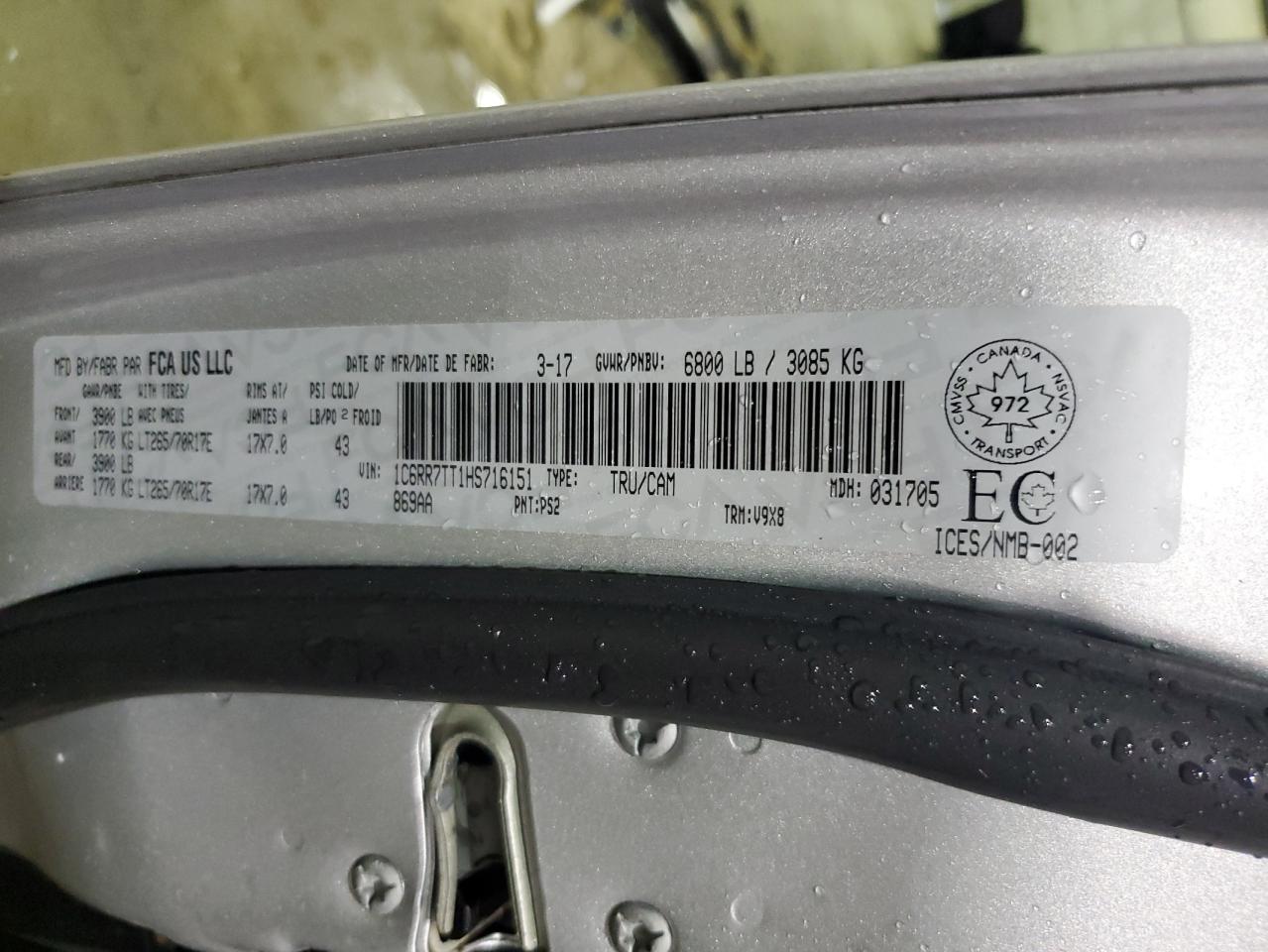 2017 RAM 1500 VIN 1C6RR7TT1HS716151 Copart auction photo, rollover damage thumbnail 12