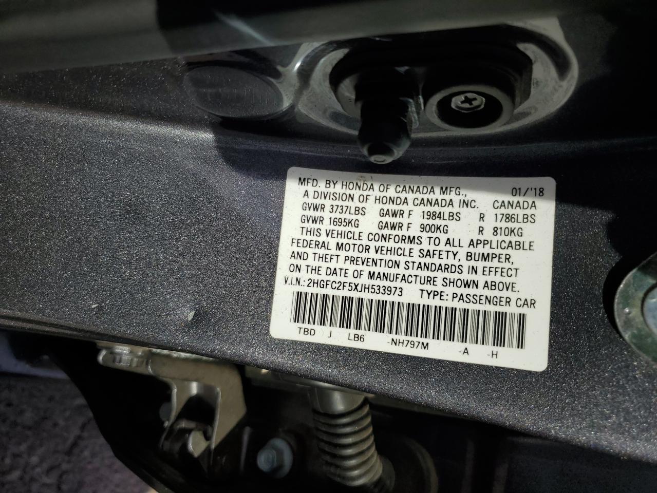 2018 Honda Civic VIN 2HGFC2F5XJH533973 Copart auction photo, front end / side damage thumbnail 13