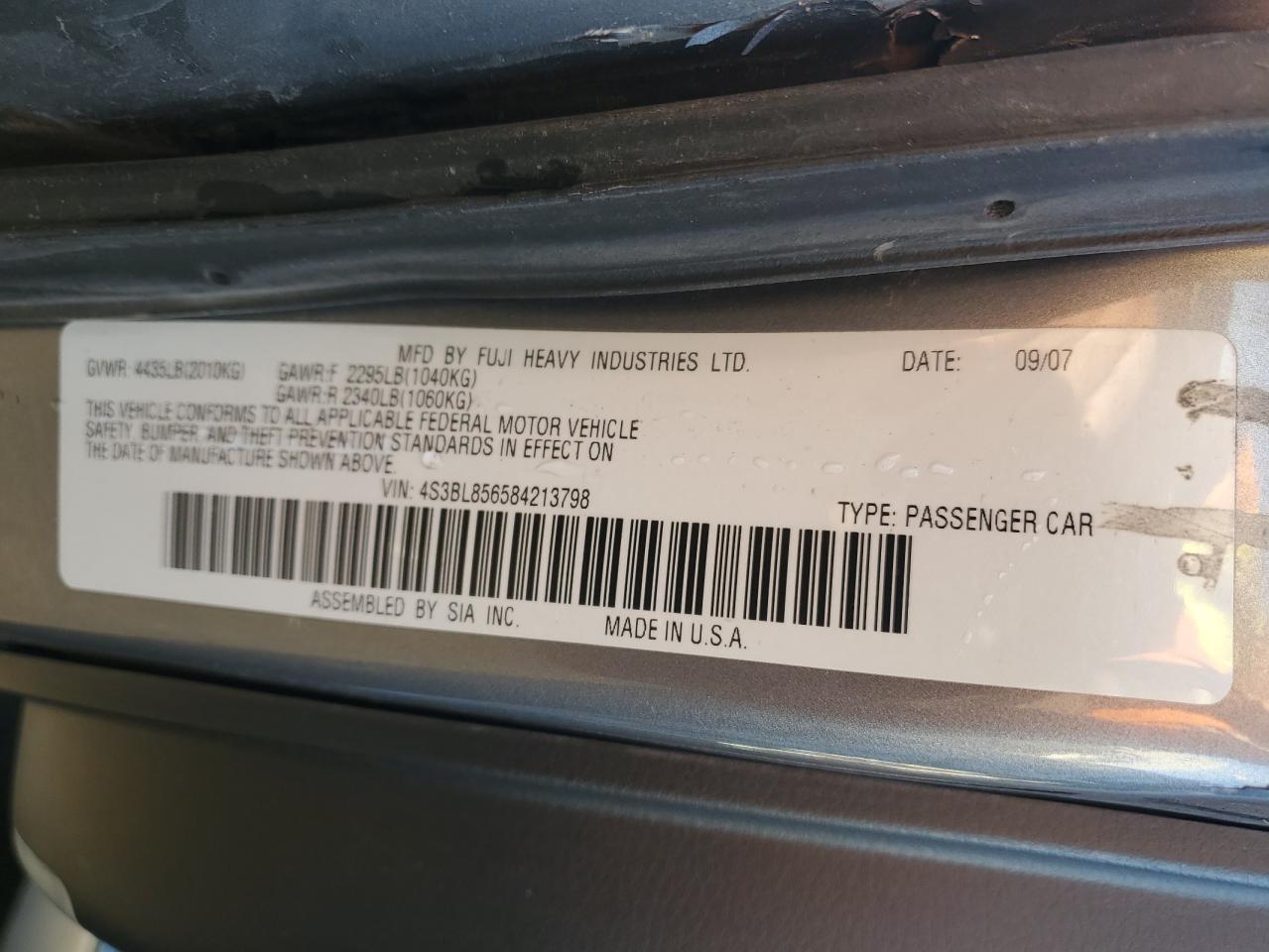 2008 Subaru Legacy VIN 4S3BL856584213798 Copart auction photo, side / hail damage thumbnail 12