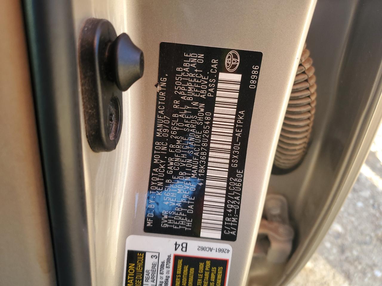 2008 Toyota Avalon VIN 4T1BK36B78U265480 Copart auction photo, front end / hail damage thumbnail 12