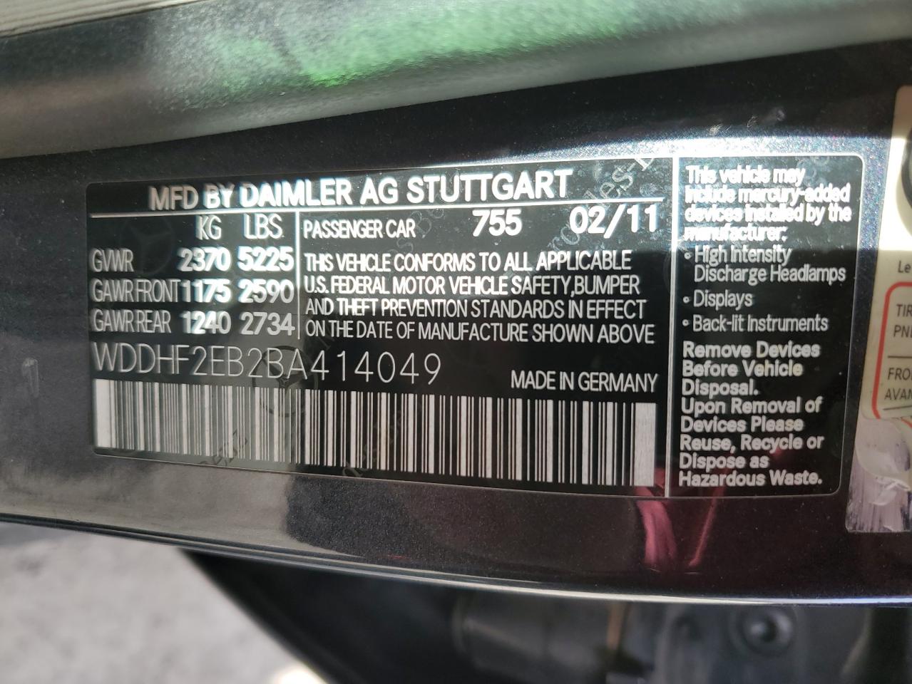 2011 Mercedes-Benz E-klasse VIN WDDHF2EB2BA414049 Copart auction photo, front end / side damage thumbnail 12