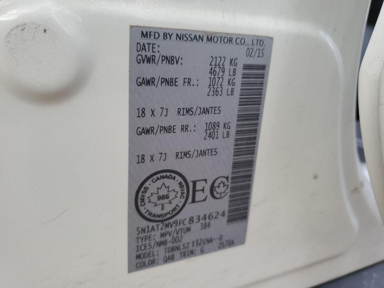 2015 Nissan Rogue VIN 5N1AT2MV9FC834624 Copart auction photo, hail / minor dent/scratches damage thumbnail 13