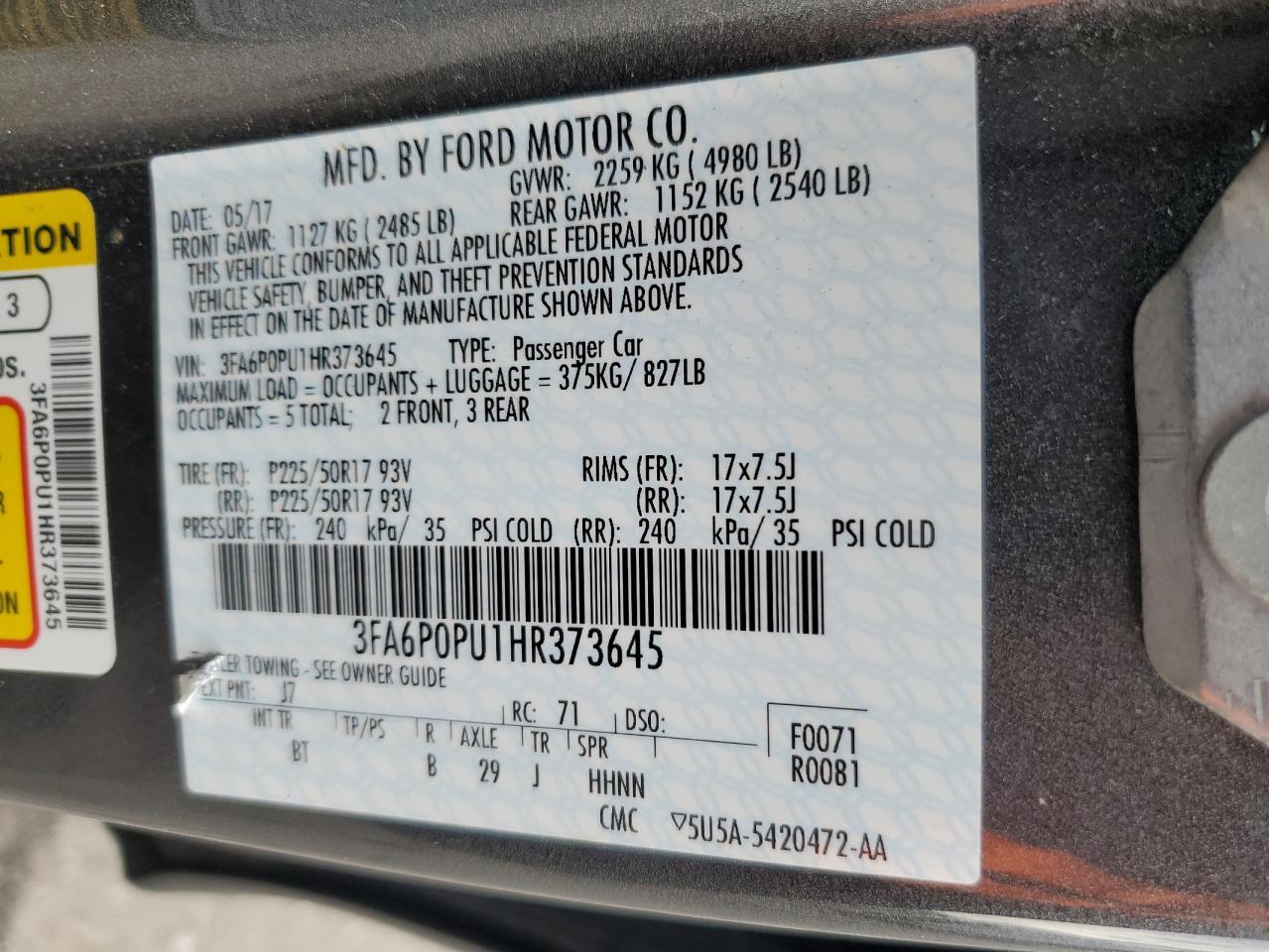 2017 Ford Fusion VIN 3FA6P0PU1HR373645 Copart auction photo, rear end damage thumbnail 12