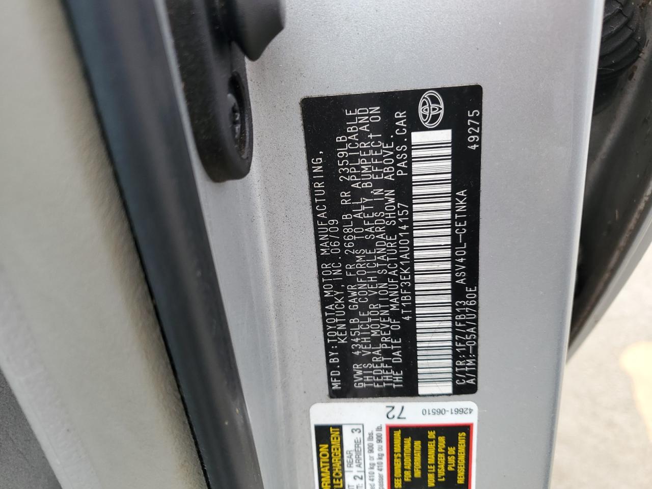 2010 Toyota Camry VIN 4T1BF3EK1AU014157 Copart auction photo, water/flood damage thumbnail 13
