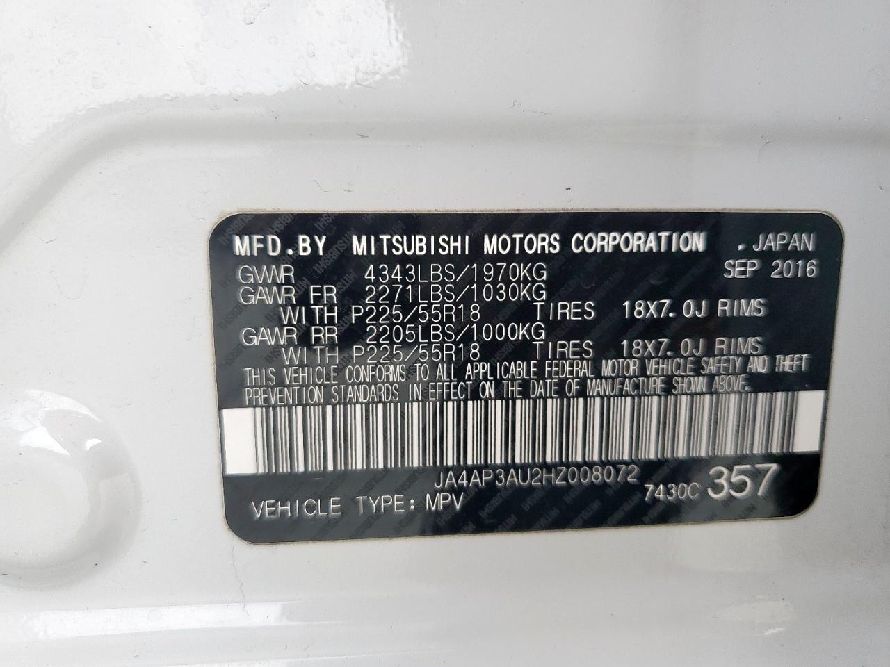 2017 Mitsubishi Outlander VIN JA4AP3AU2HZ008072 Copart auction photo, front end damage thumbnail 14