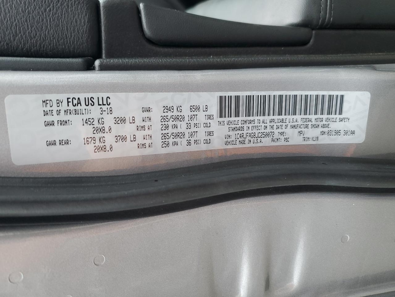 2018 Jeep Grand Cherokee VIN 1C4RJFAG8JC250072 Copart auction photo, front end damage thumbnail 14