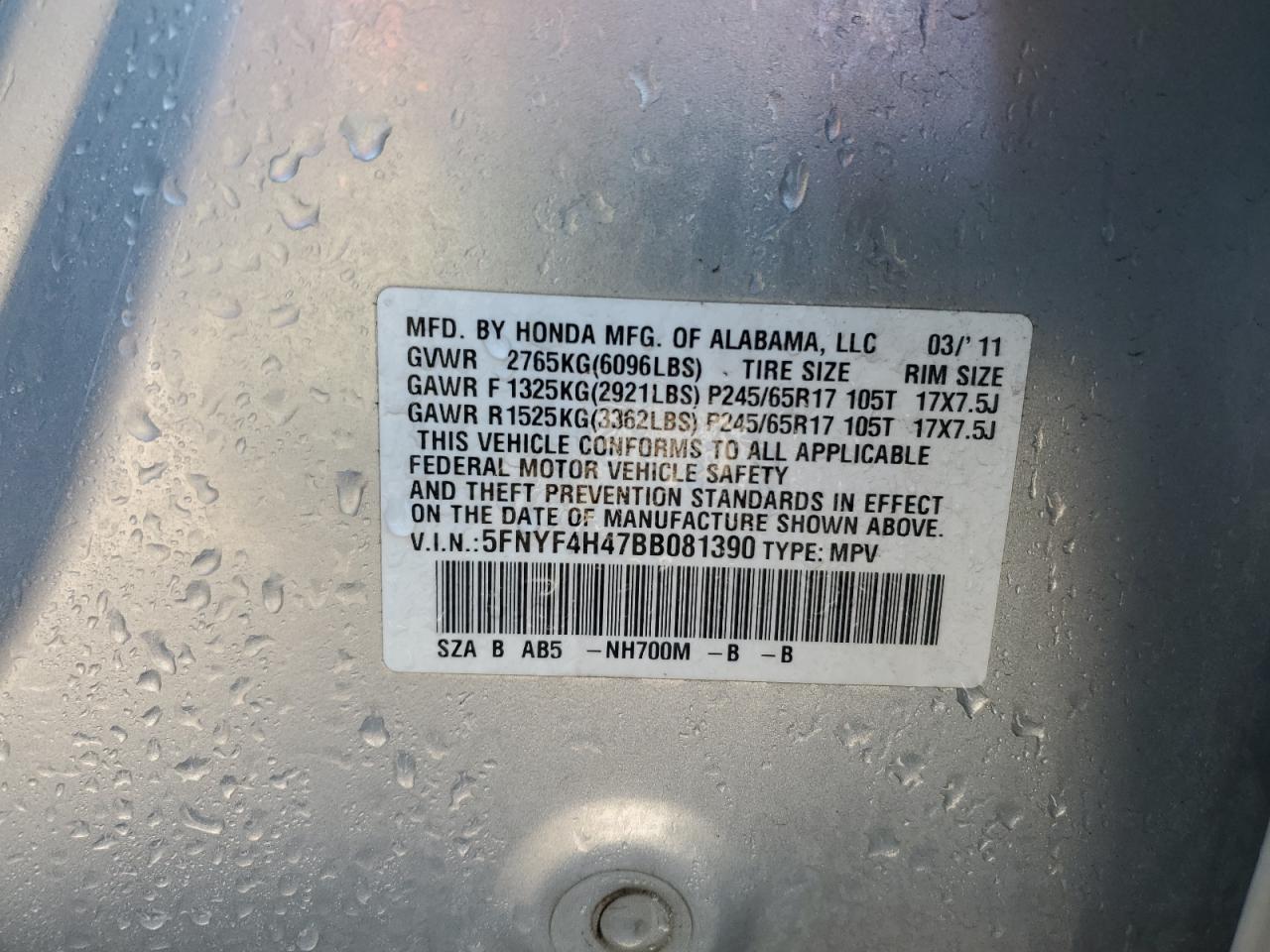 2011 Honda Pilot VIN 5FNYF4H47BB081390 Copart auction photo, side damage thumbnail 12