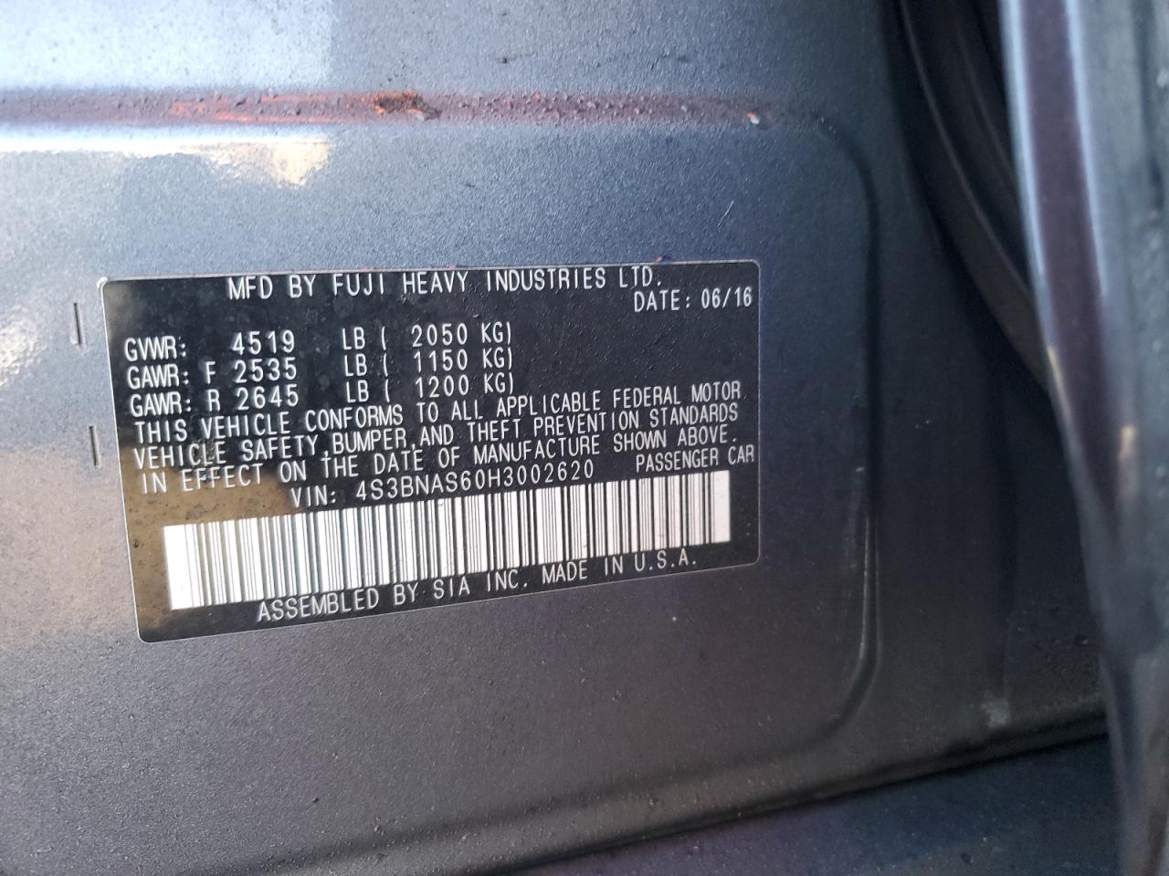 2017 Subaru Legacy VIN 4S3BNAS60H3002620 Copart auction photo, front end damage thumbnail 15