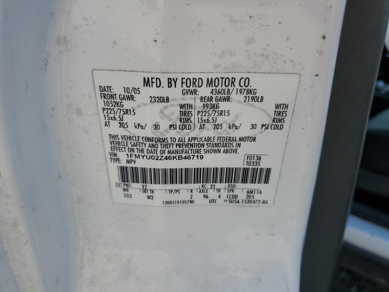 2006 Ford Escape VIN 1FMYU02Z46KB46719 Copart auction photo, all over / side damage thumbnail 13