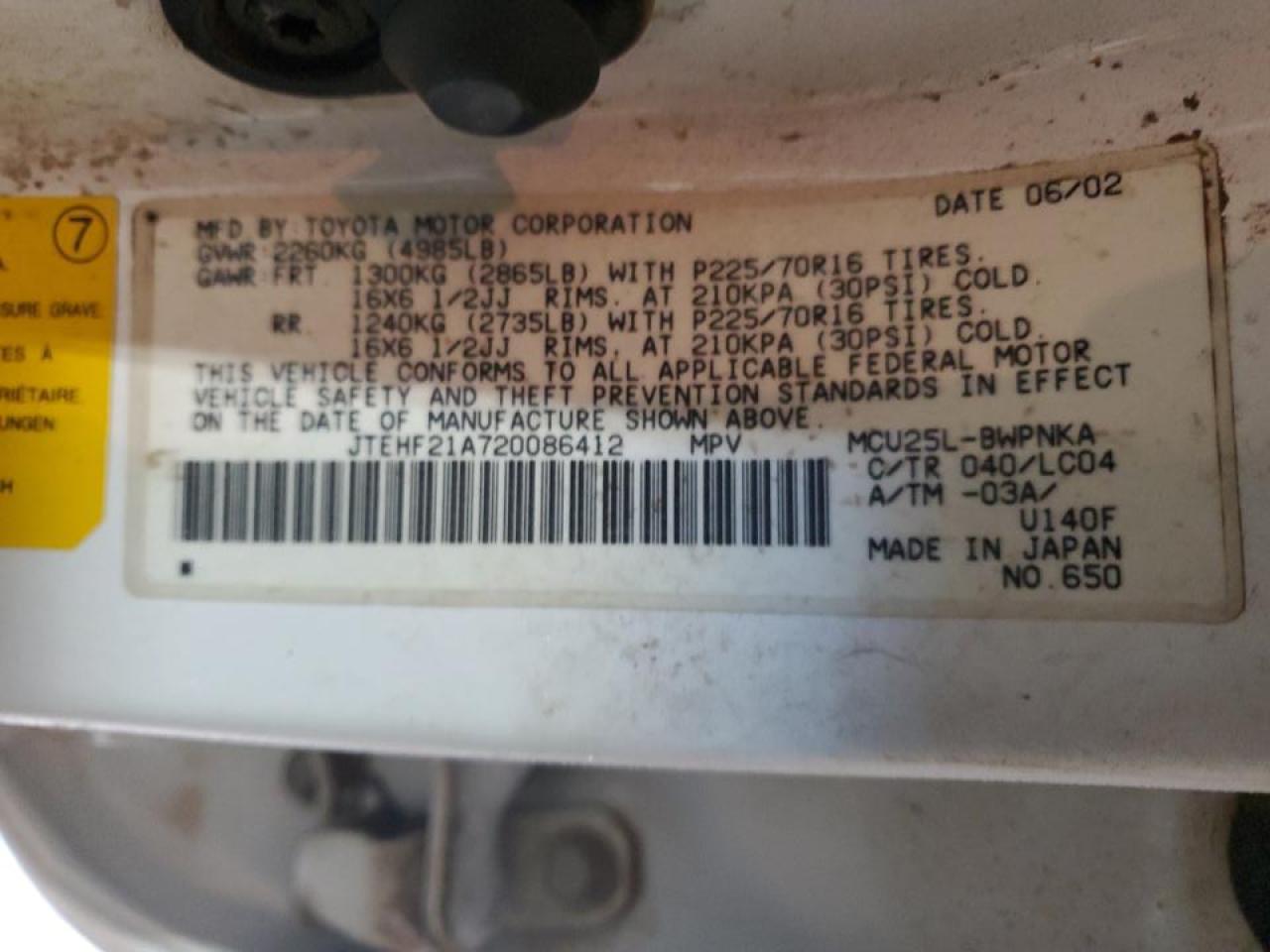 2002 Toyota Highlander VIN JTEHF21A720086412 Copart auction photo, normal wear / minor dent/scratches damage thumbnail 14