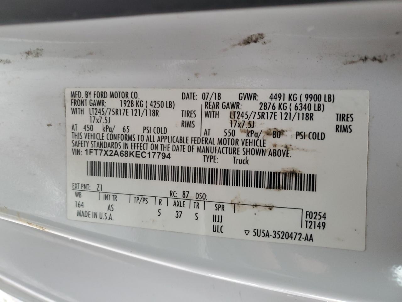 2019 Ford F250 VIN 1FT7X2A68KEC17794 Copart auction photo, all over damage thumbnail 12