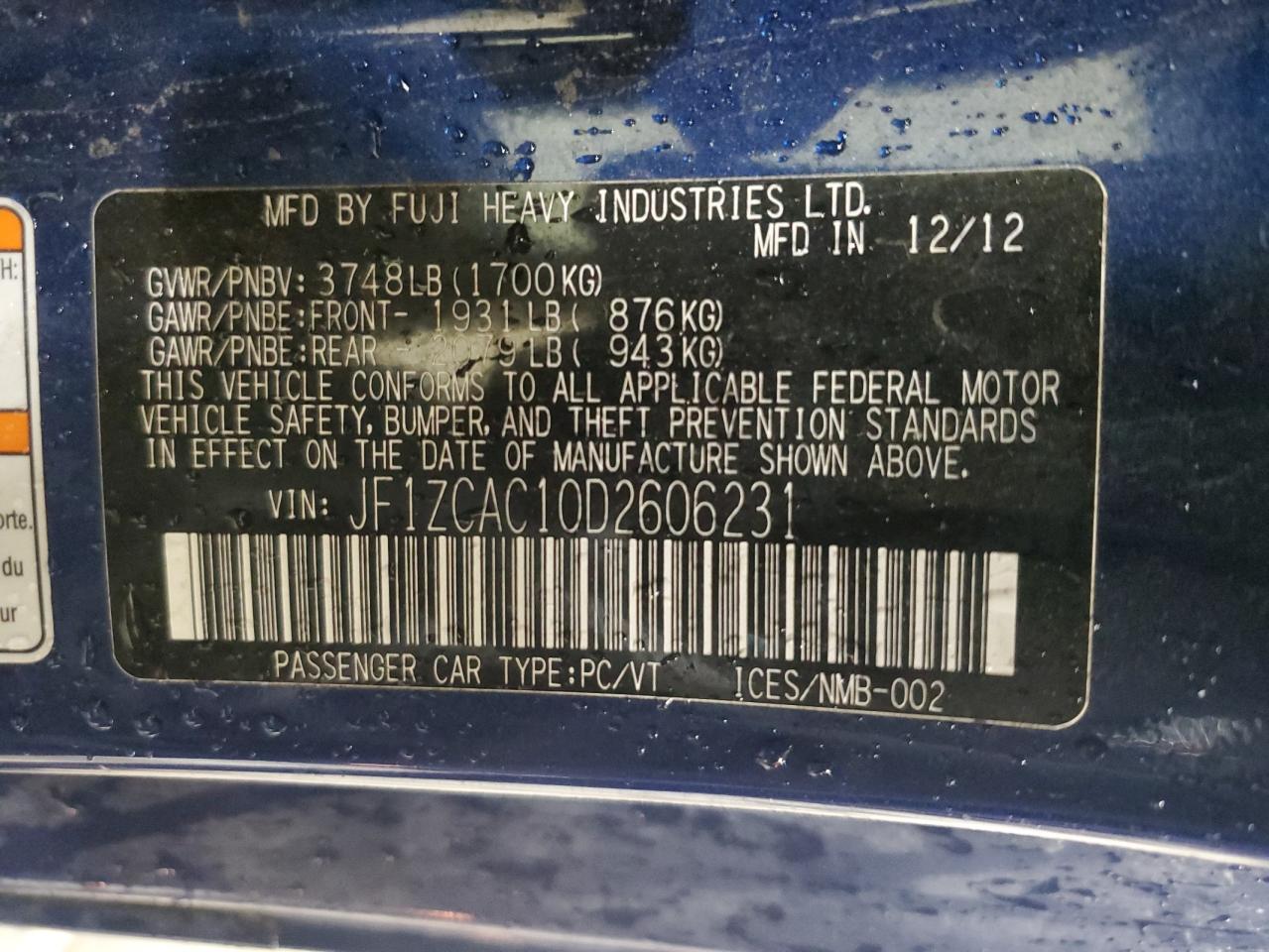 2013 Subaru BRZ VIN JF1ZCAC10D2606231 Copart auction photo, front end / mechanical damage thumbnail 14
