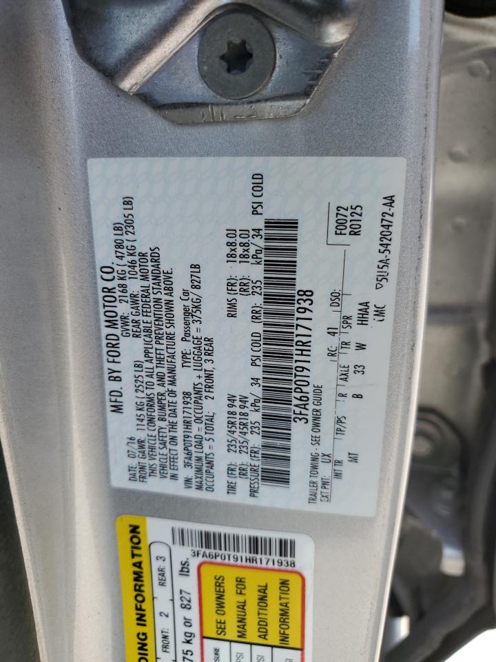 2017 Ford Fusion VIN 3FA6P0T91HR171938 Copart auction photo, front end damage thumbnail 12