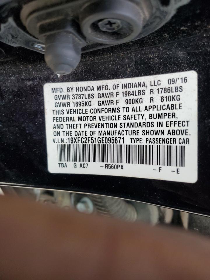 2016 Honda Civic VIN 19XFC2F51GE095671 Copart auction photo, front end damage thumbnail 14