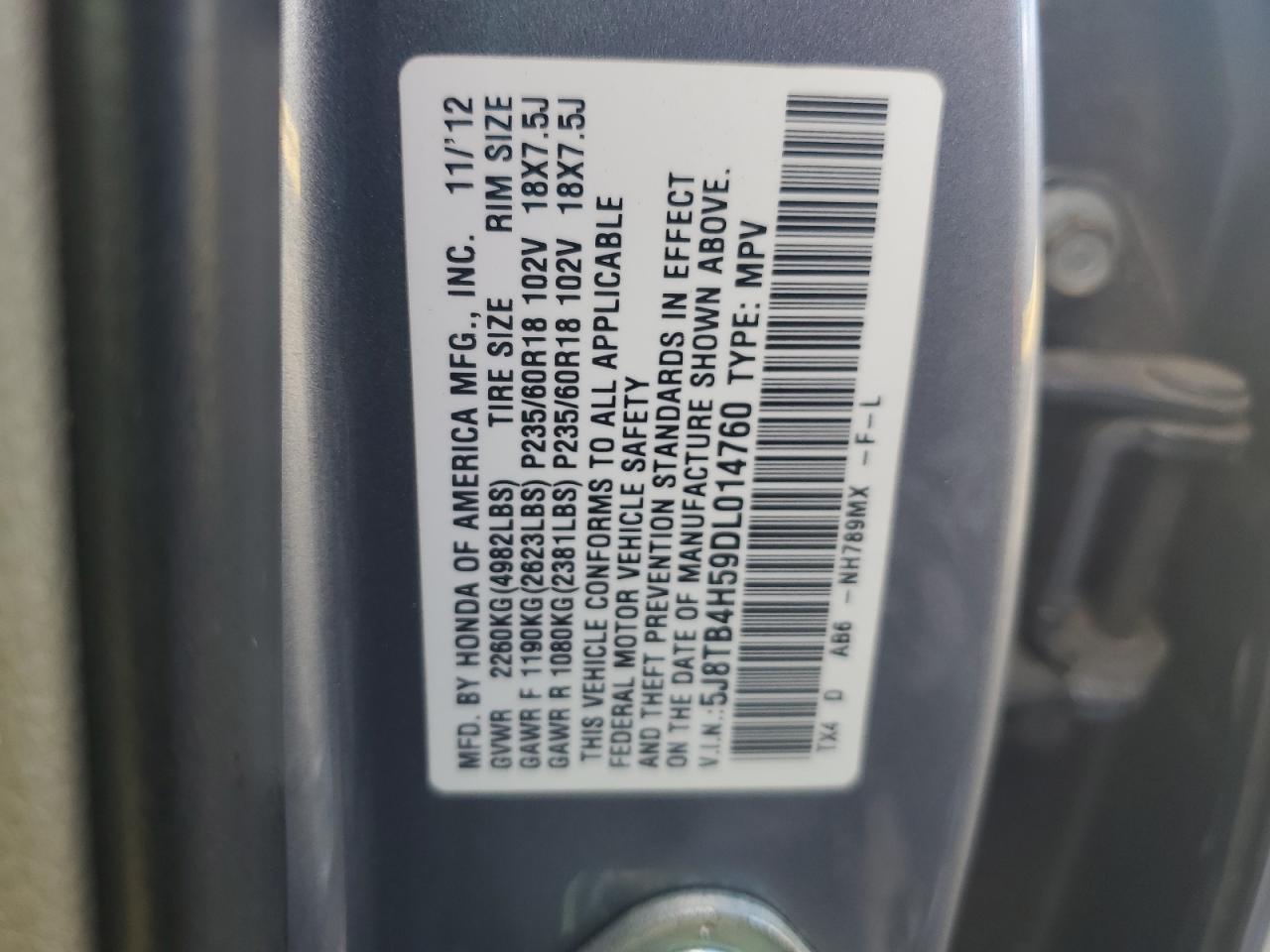 2013 Acura RDX VIN J8TB4H59DL014760 Copart auction photo, side damage thumbnail 13