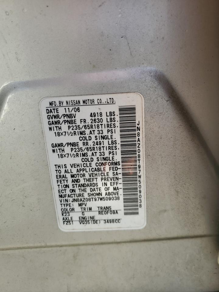2007 Nissan Murano VIN JN8AZ08T97W509038 Copart auction photo, water/flood damage thumbnail 13
