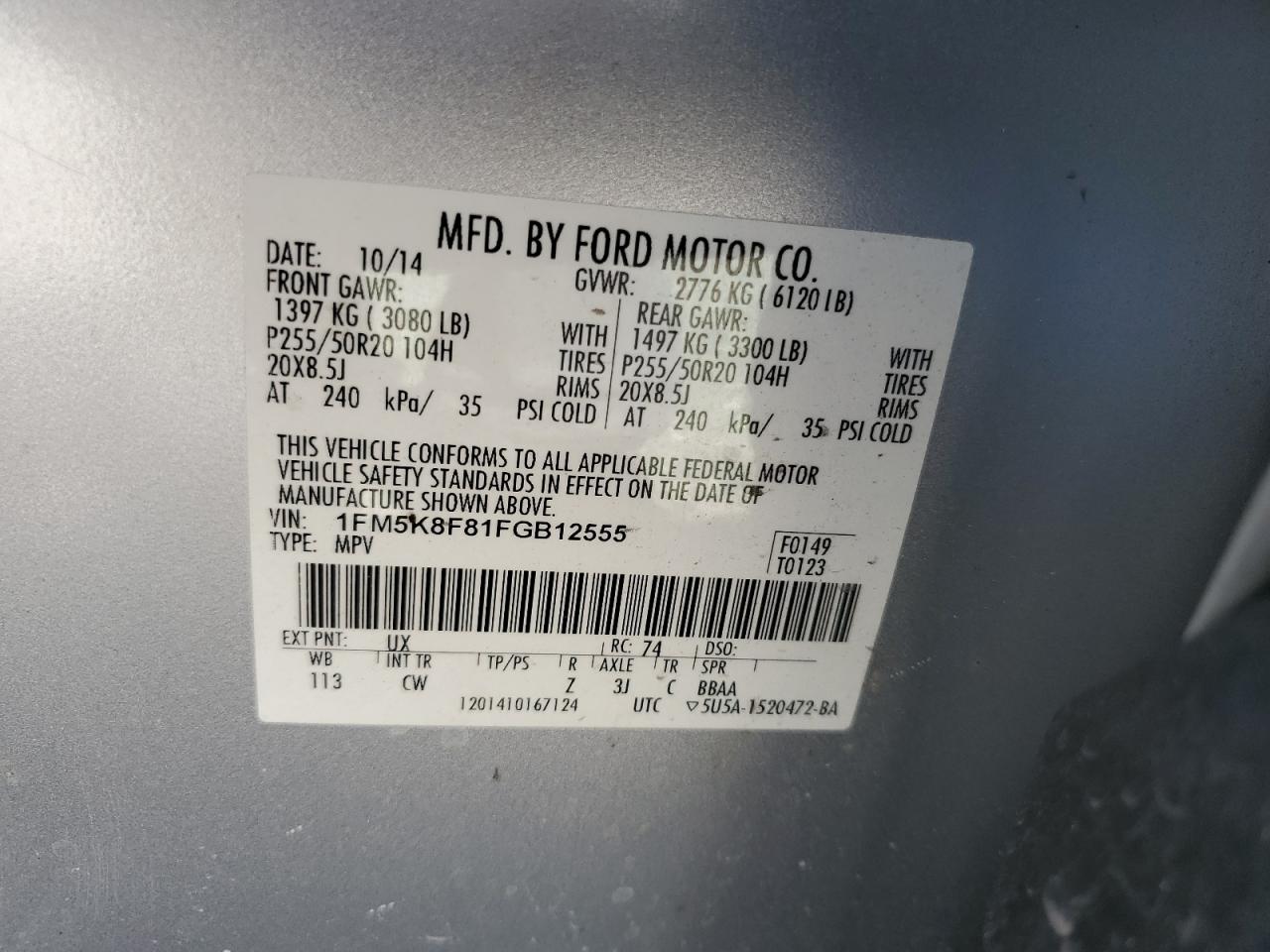2015 Ford Explorer VIN 1FM5K8F81FGB12555 Copart auction photo, front end / minor dent/scratches damage thumbnail 12