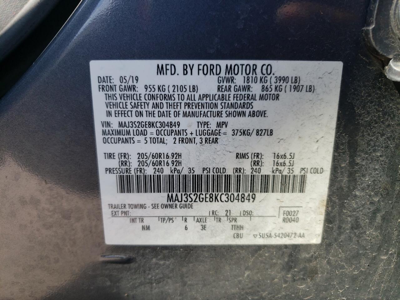 2019 Ford EcoSport VIN MAJ3S2GE8KC304849 Copart auction photo, front end / side damage thumbnail 15