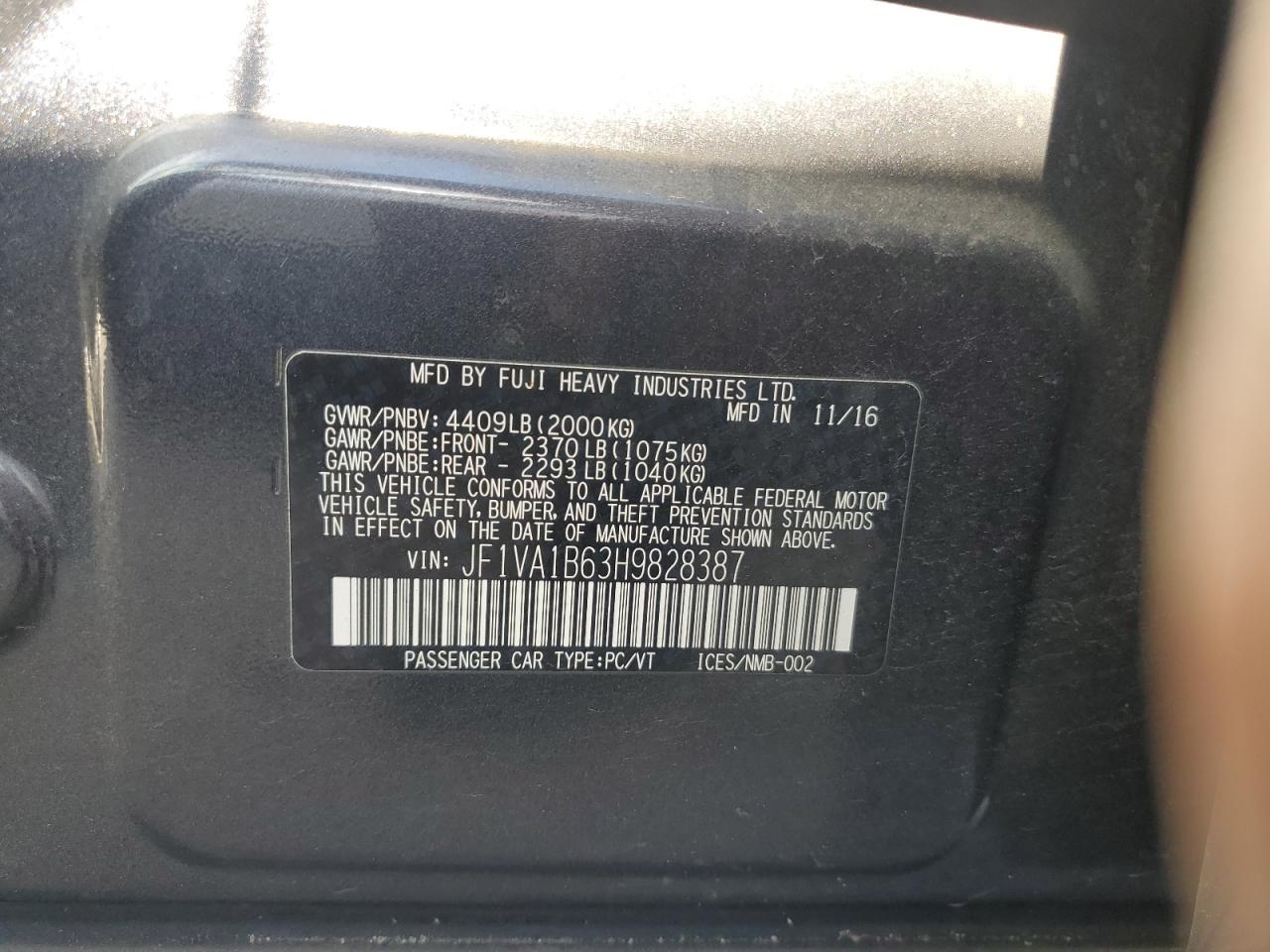 2017 Subaru WRX VIN JF1VA1B63H9828387 Copart auction photo, front end damage thumbnail 15