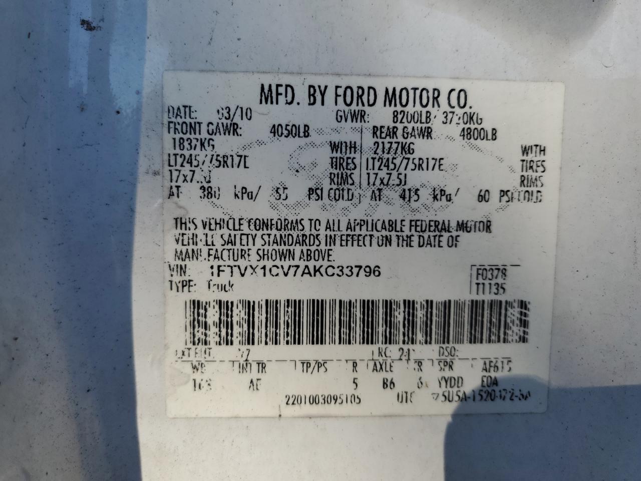 2010 Ford F-150 VIN 1FTVX1CV7AKC33796 Copart auction photo, burn / all over damage thumbnail 15