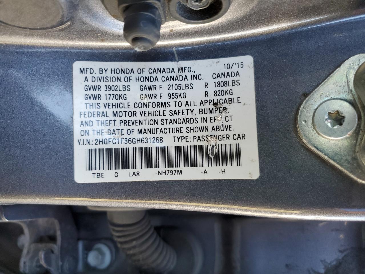 2016 Honda Civic VIN 2HGFC1F36GH631268 Copart auction photo, front end / side damage thumbnail 13